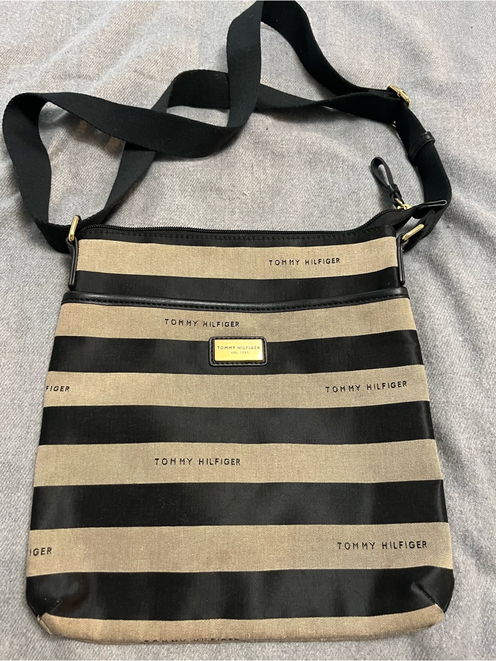 Tommy Hilfiger Black and Tan Striped Canvas Crossbody Bag